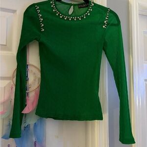 Balboa Green Long-Sleeve Embellished Ribbed Top